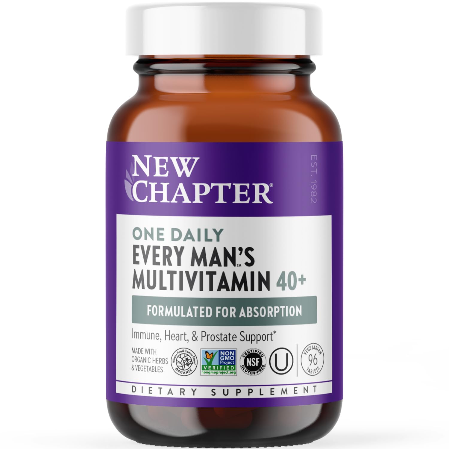 New Chapter Men's Multivitamin 40 Plus for Energy, Heart, Prostate + Immune Support with Fermented Nutrients - Every Man's One Daily 40+, Made with Organic Vegetables & Herbs, Non-GMO - 96 ct