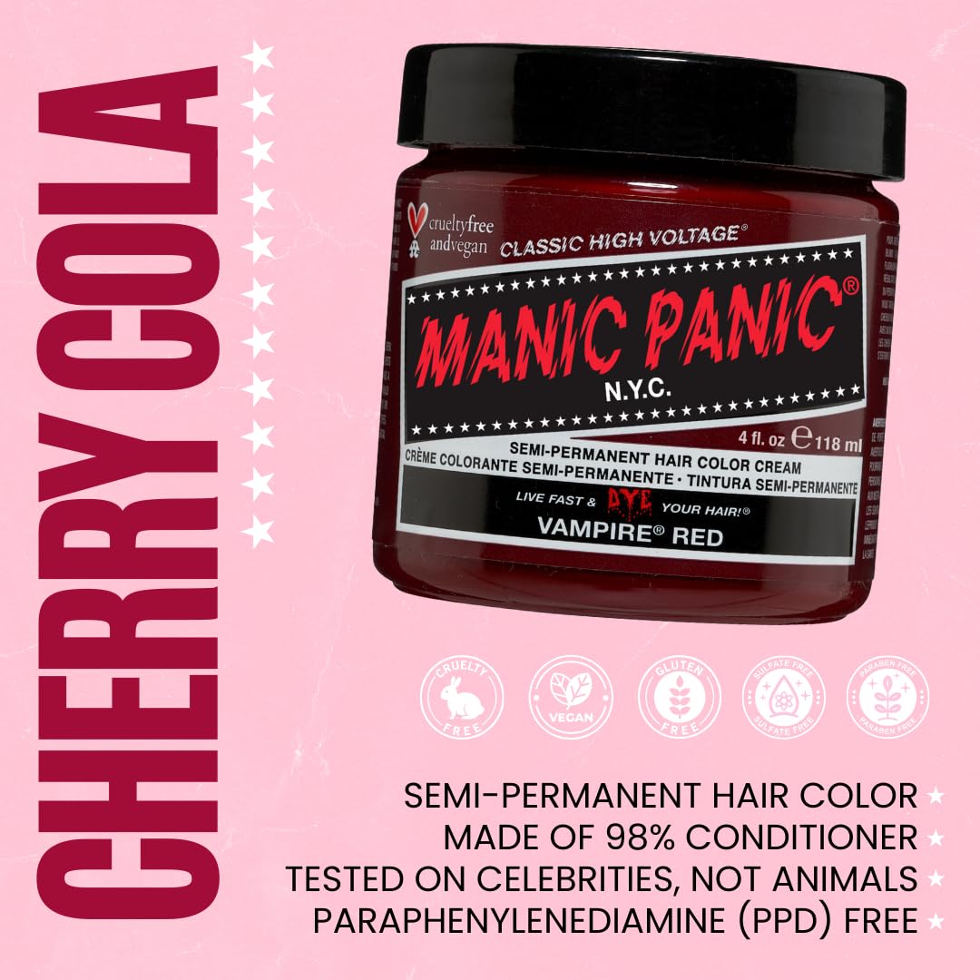 MANIC PANIC Vampire Red Hair Dye - Classic High Voltage - Semi Permanent Deep, Blood Red Hair Color - Vegan, PPD And Ammonia Free (4oz)