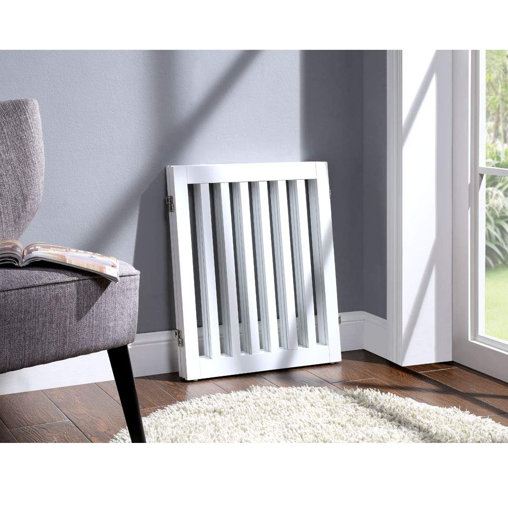 unipaws 24”H Free Standing Pet Gate for Dog Cat, Wooden Dog Gates for Doorway, Stairs, Step Over Foldable Pet Fence for The House, Expandable Dog Barrier, Indoor Use, White