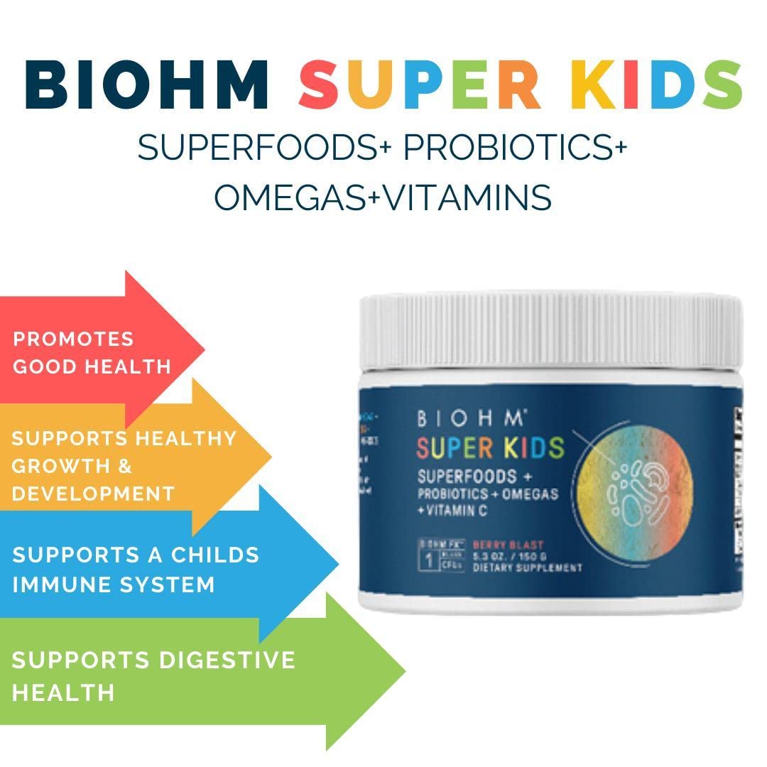 BIOHM Super Kids Superfood Powder Plus Probiotics, Delicious Berry Blast, 30 Servings, Antioxidants and Omega-3, Gluten, Non-GMO, Dairy Free, No Artificial Ingredients, Vegetarian, Ages 4 Plus