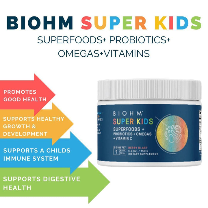 BIOHM Super Kids Superfood Powder Plus Probiotics, Delicious Berry Blast, 30 Servings, Antioxidants and Omega-3, Gluten, Non-GMO, Dairy Free, No Artificial Ingredients, Vegetarian, Ages 4 Plus