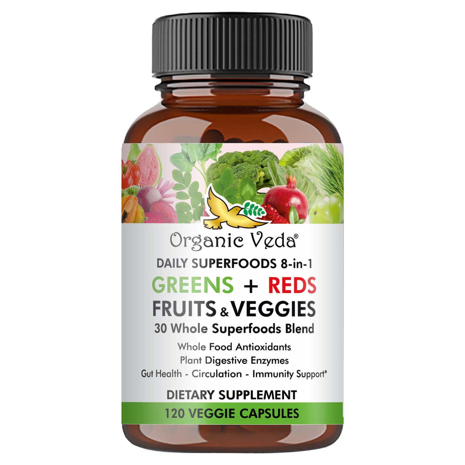 Organic Veda Super Greens Reds Veggies Capsules - 8 in 1 Daily 30 Whole Organic Superfoods Fruits & Vegetables Supplement - Papaya Enzymes, Spirulina, Chlorella, Moringa, Beet, Turmeric - 120 Vegan