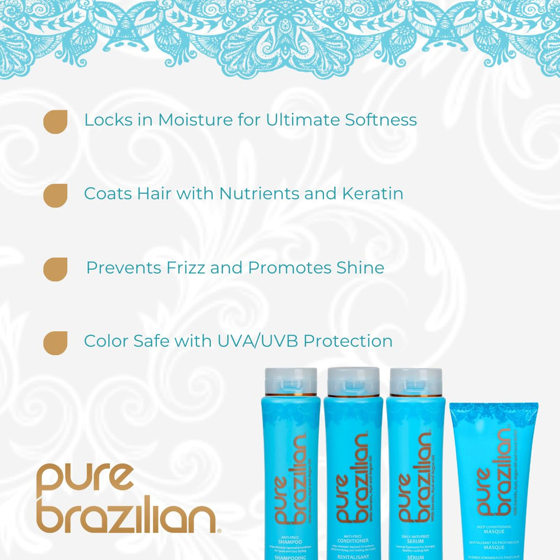 pure brazilian - 4 piece essential home care kit - anti frizz serum, shampoo, conditioner, and deep conditioning masque- with keratin, argan oil, and acai