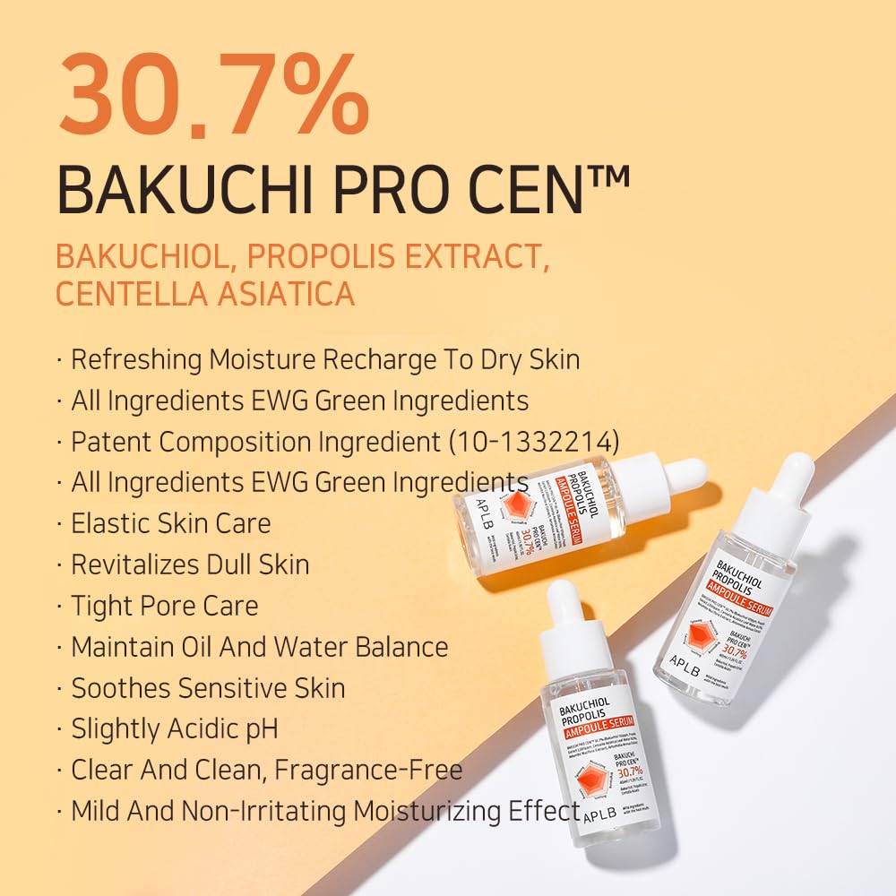 APLB Bakuchiol Propolis Ampoule Serum | BAKUCHI PRO CEN™ 30.7% 1.35 FL.OZ/Korean Skincare, Wrinkle care, Elasticity care, Revitalize for gentle and improve skin texture