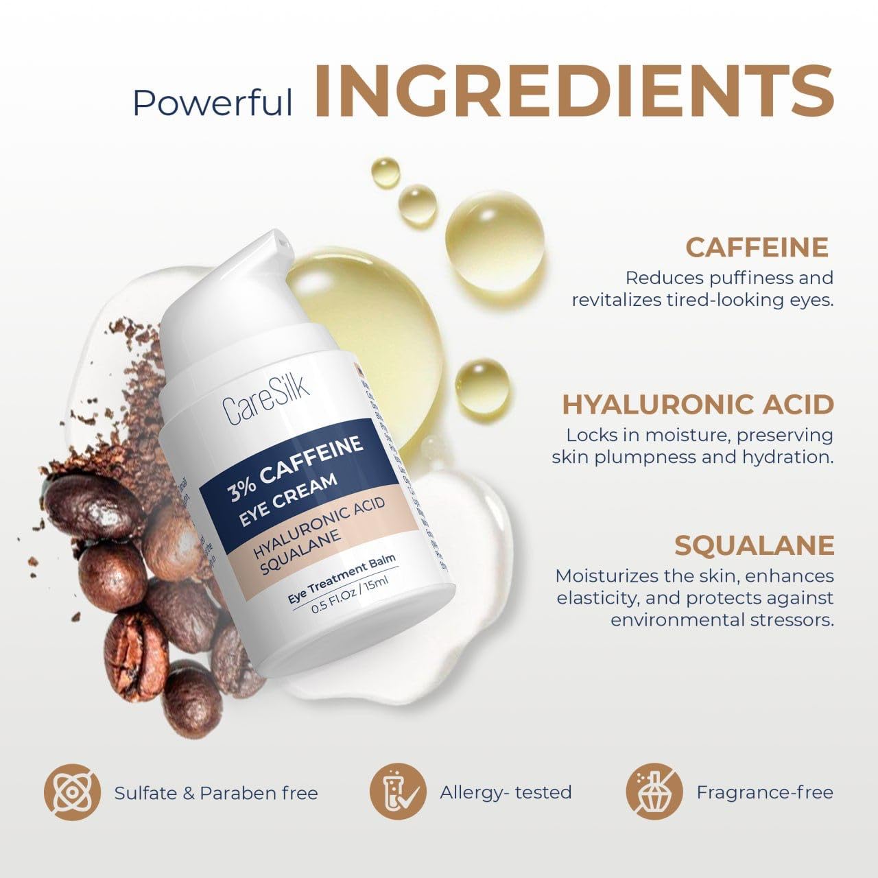 CARESILK Caffeine Eye Cream for Puffy Eyes Treatment + Hyaluronic Acid & Squalane - Under Eye Cream, Dark Circles Under Eye Treatment, Under Eye Corrector Serum - 0.5oz