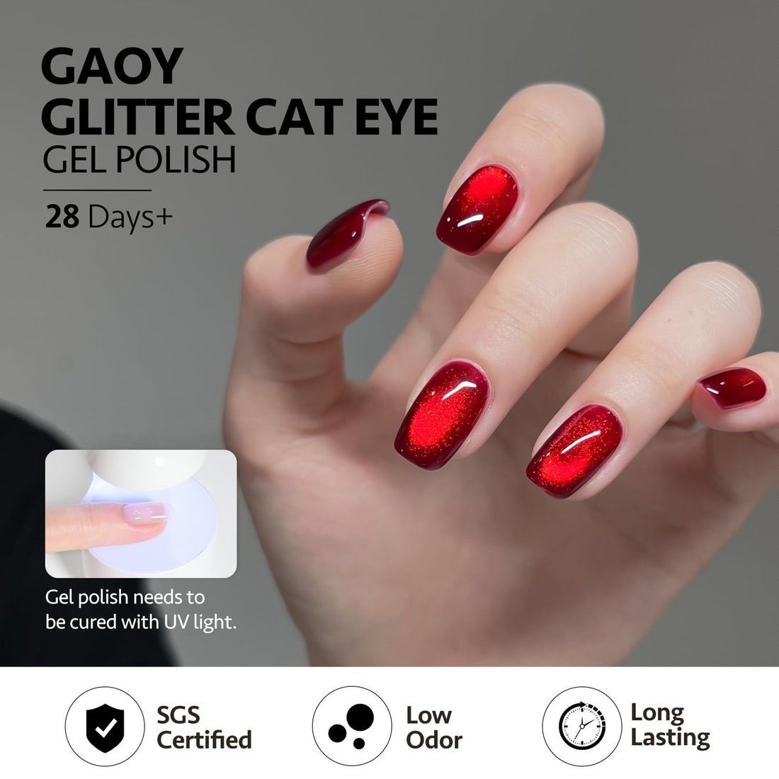 GAOY Red Cat Eye Gel Nail Polish, 16ml Glitter Holographic Nail Polish with Magnet, Reflective Translucent UV Gel, 2907 Ruby Twilight