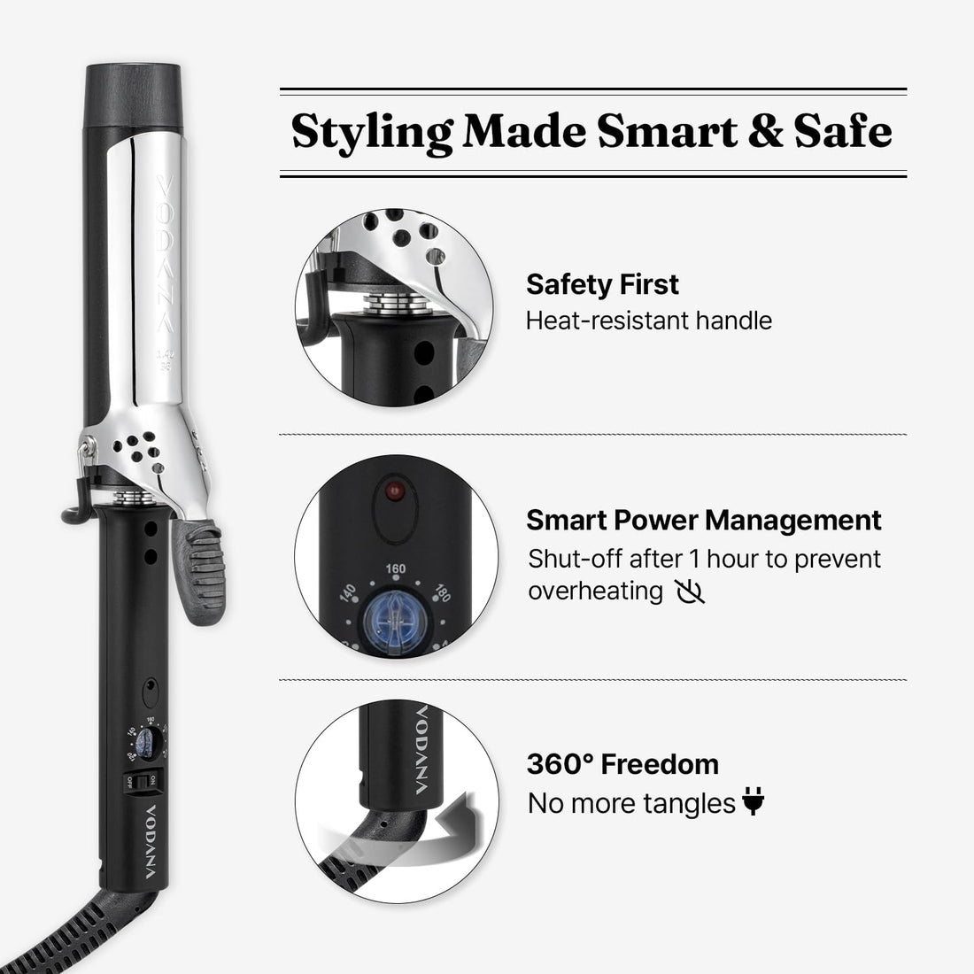 VODANA Professional GlamWave Ceramic Curling Iron, Natural Curls, Hair Curler, Curling Wand, Available in USA (1.6 inch, Black)