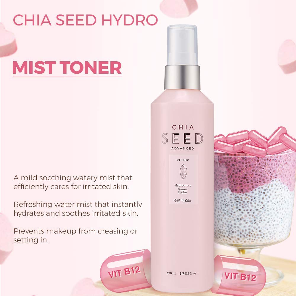 THE FACE SHOP Chia Seed Hydro Hydrating Mist | Mild Soothing Watery Mist with Instant Hydration & Soothes on Irritated Skin | Formulated for Intense, Upgraded & Hydrating Care, 5.5 Fl Oz