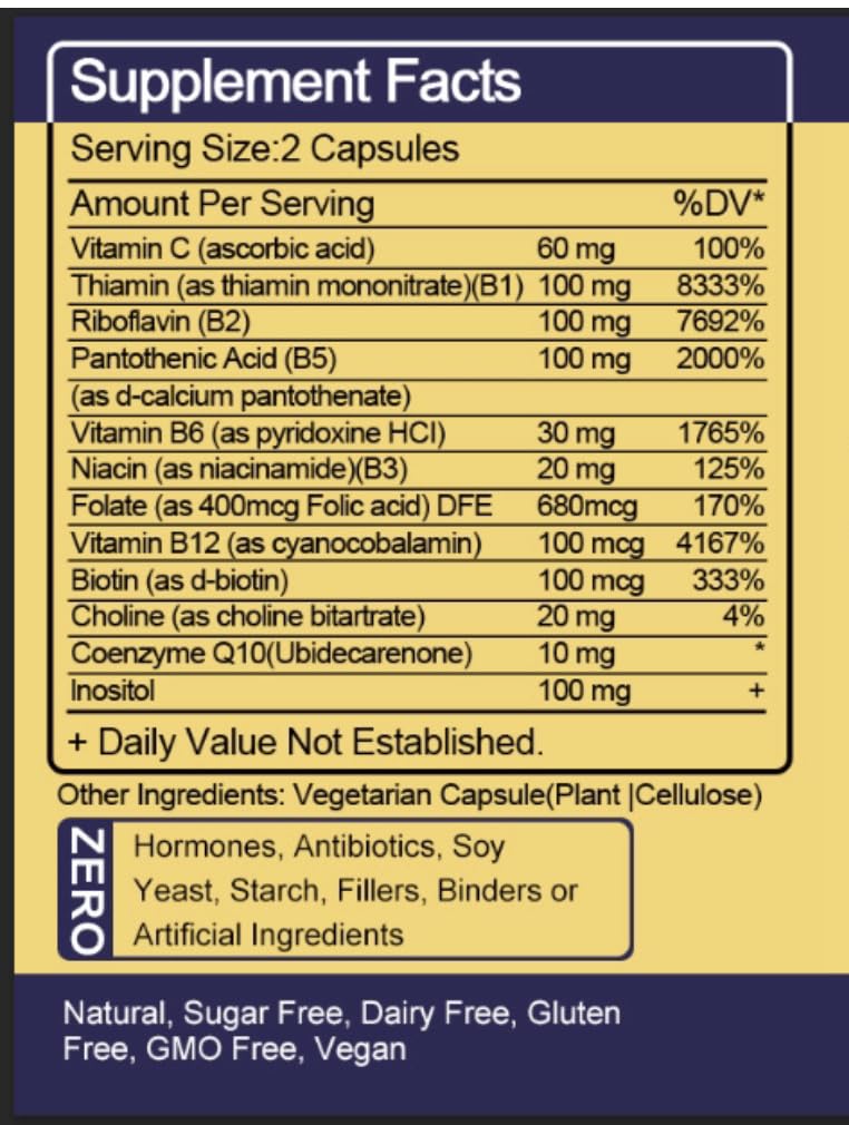 Max Strength Vitamin B-Complex + CoQ10 + Vitamin C - Natural Supplement for Energy, Metabolism Support, 120 Softgels, 60 Day Supply