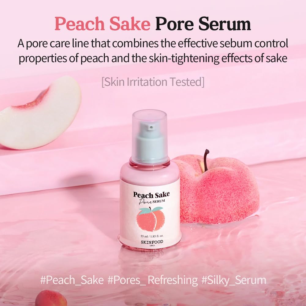 SKINFOOD Peach Sake Pore Serum - Pore Minimizer & Sebum Control - Skin Smoothing Facial Serum for Oily Skin - Pore Refining Serum & Pore Tightening 45ml (1.52 oz)