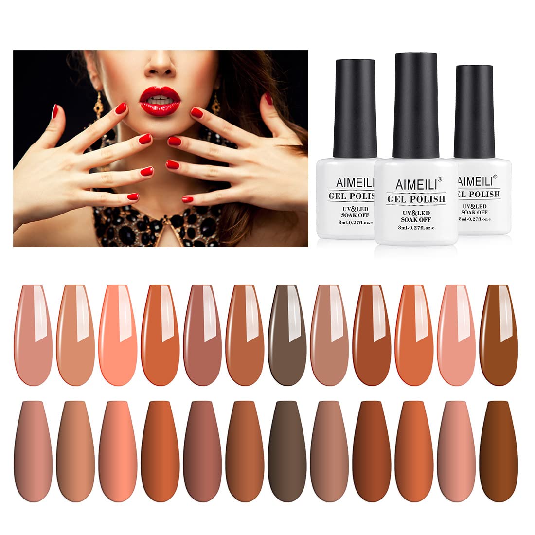 AIMEILI Soak Off U V LED Nude Brown Gel Nail Polish Color, Nudes Neutral Color Gel Kit for Halloween Nail Art Gifts for Women Mother Gift Set Of 12pcs X 8ml - Kit Set 1