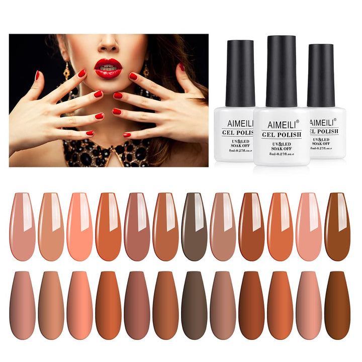 AIMEILI Soak Off U V LED Nude Brown Gel Nail Polish Color, Nudes Neutral Color Gel Kit for Halloween Nail Art Gifts for Women Mother Gift Set Of 12pcs X 8ml - Kit Set 1