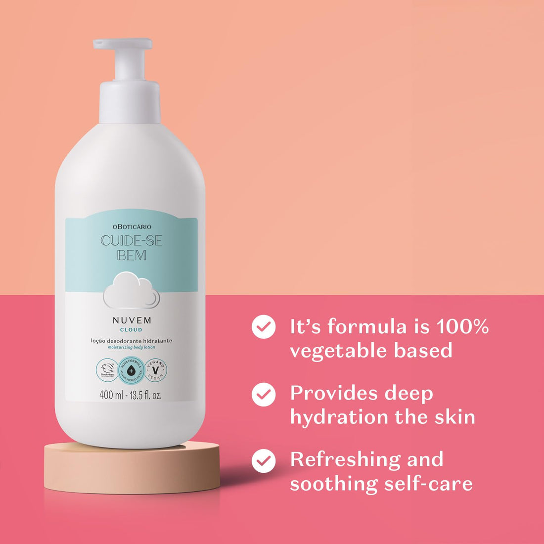 O Boticário Cuide-se Bem Cloud Moisturizing Body Lotion, Soft, Hydrated Skin with Pure and Delicate Fragrance, 13.5 Ounce (400ml)