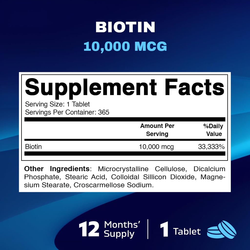 Vitamatic Biotin 10,000 mcg (10 mg) for Stronger Hair, Skin & Nails - 365 Vegan Tablets- Also Called Vitamin B7