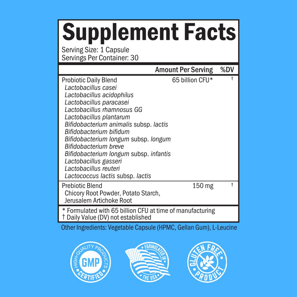 Probiotic 65 Billion - Probiotics with Prebiotic for Women & Men - Lactobacillus Acidophilus Digestive Health Capsules - Targeted Release Technology - Shelf Stable Supplement Non-GMO Dairy Free-30ct