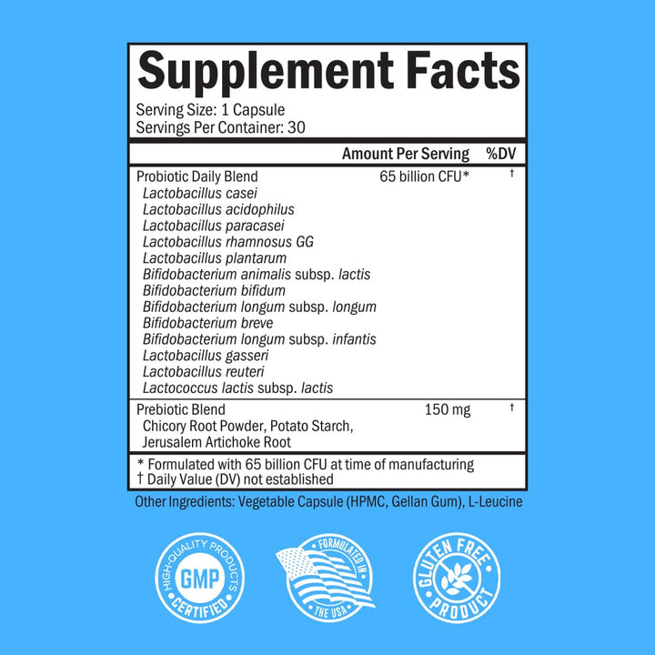 Probiotic 65 Billion - Probiotics with Prebiotic for Women & Men - Lactobacillus Acidophilus Digestive Health Capsules - Targeted Release Technology - Shelf Stable Supplement Non-GMO Dairy Free-30ct