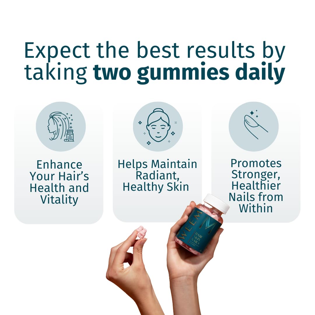 WEEM Hair Skin and Nails Gummies - Supports Healthy Hair - Vegan biotin Vitamins for Women & Men Supports Faster Hair Growth, Stronger Nails, Healthy Skin, Extra Strength (1)