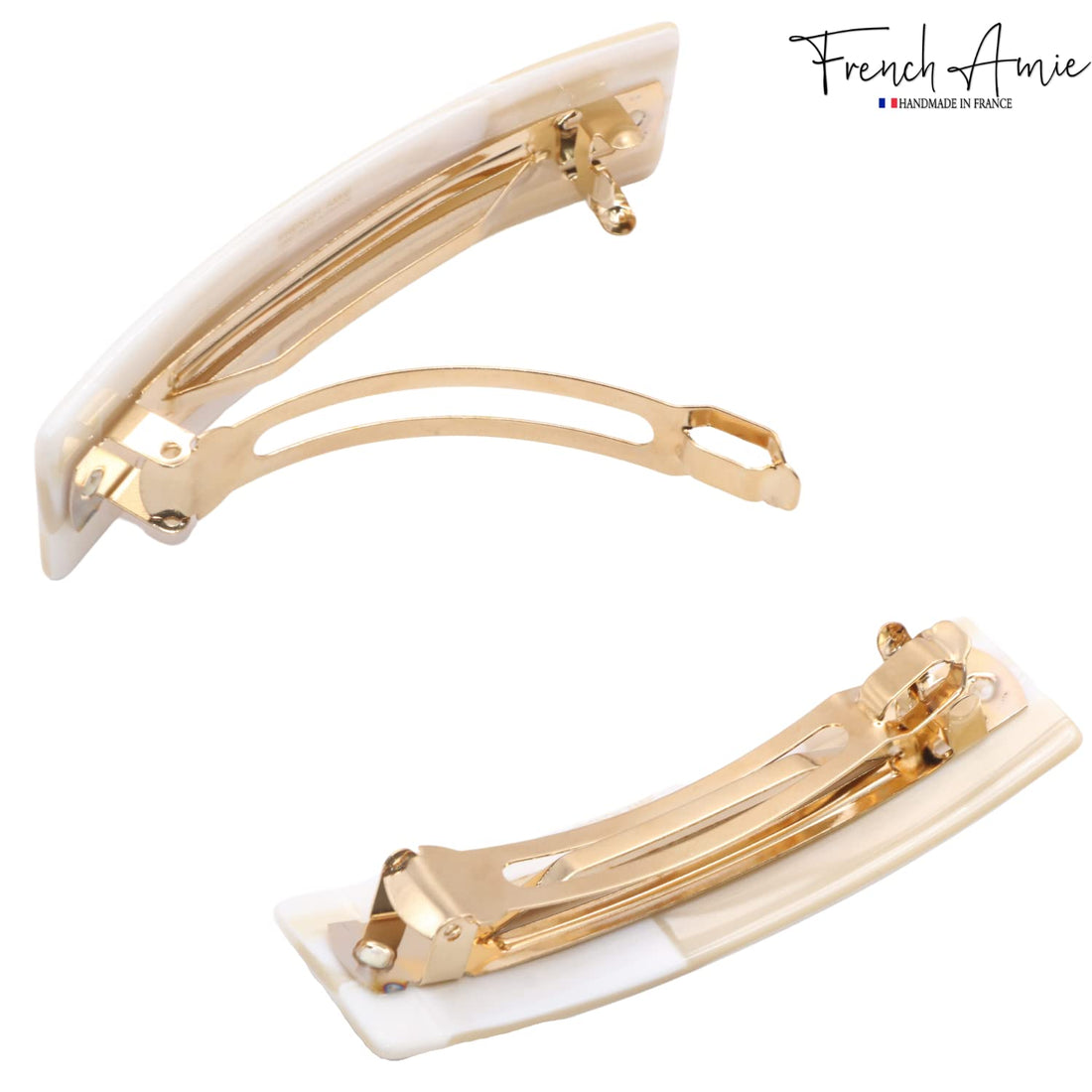 French Amie Fine Wide Rectangular Celluloid Handmade Pearl Ivory White Automatic Hair Clip Barrette - Made to Last (Ivory)