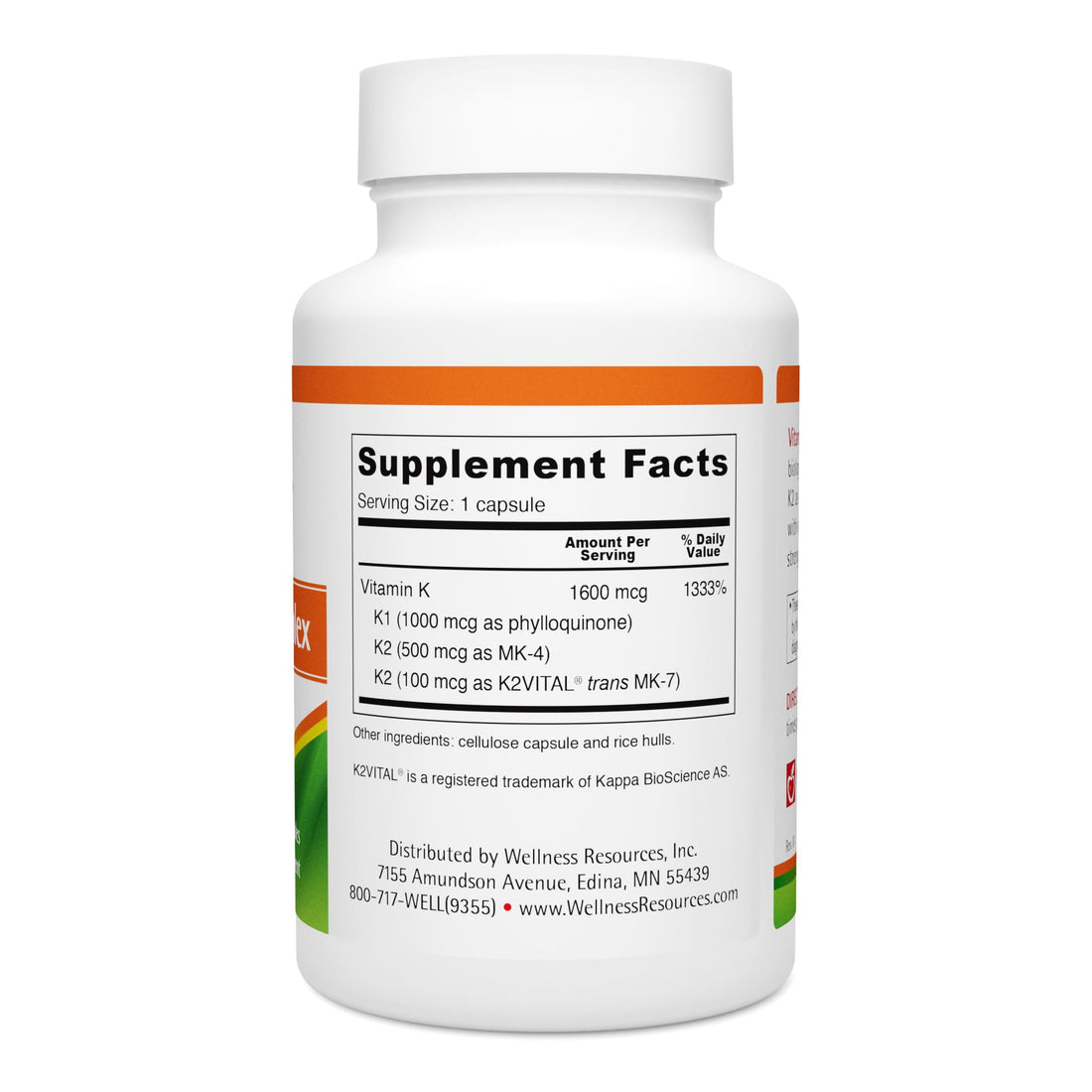 Wellness Resources Vitamin K Complex Supplement - 600 mcg Vitamin K2 (as MK-4 and Trans MK-7) and 1000 mcg K1- Bone Strength and Heart Health - K2 Vitamin Supplement - 90 Capsules Non-GMO