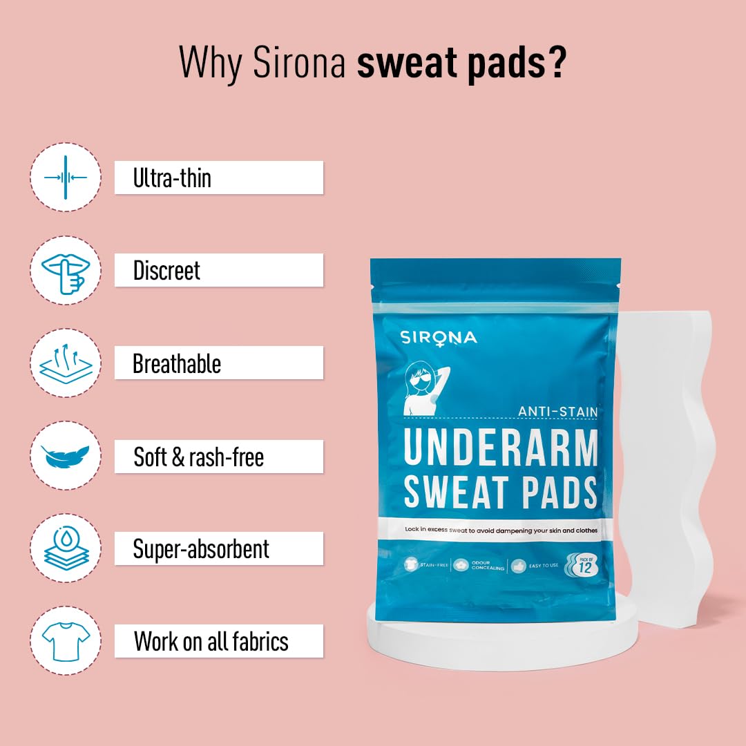 Sirona Disposable Underarm Sweat Pads for Men and Women, 12 Pads (Pack of 1) | Peel-off | Prevents Stains, Absorbs Sweat & Unpleasant Odour
