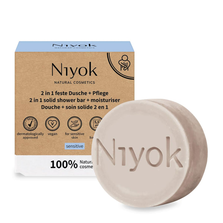 Niyok Natural Cosmetics 2-in-1 Solid Shower Bar + Moisturizer, Sensitive Formula, 80g