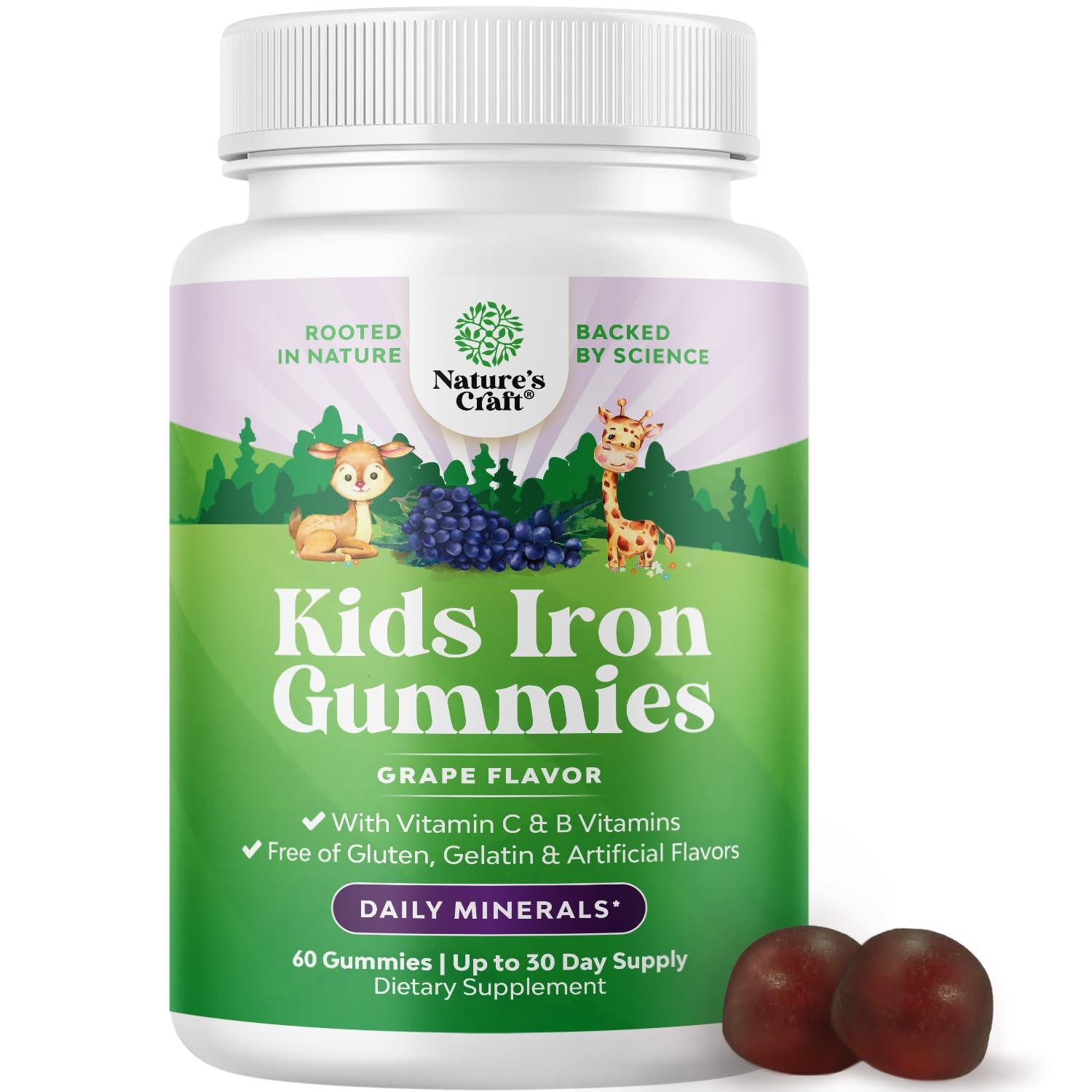 Kids Iron Gummies - Blood Builder Iron Supplements for Kids with Gentle for Stronger Immunity & Energy - Vitamin B12, Folate & Vitamin C Gummies - Vegan, GMO & Gluten Free for Toddlers - 60 Count