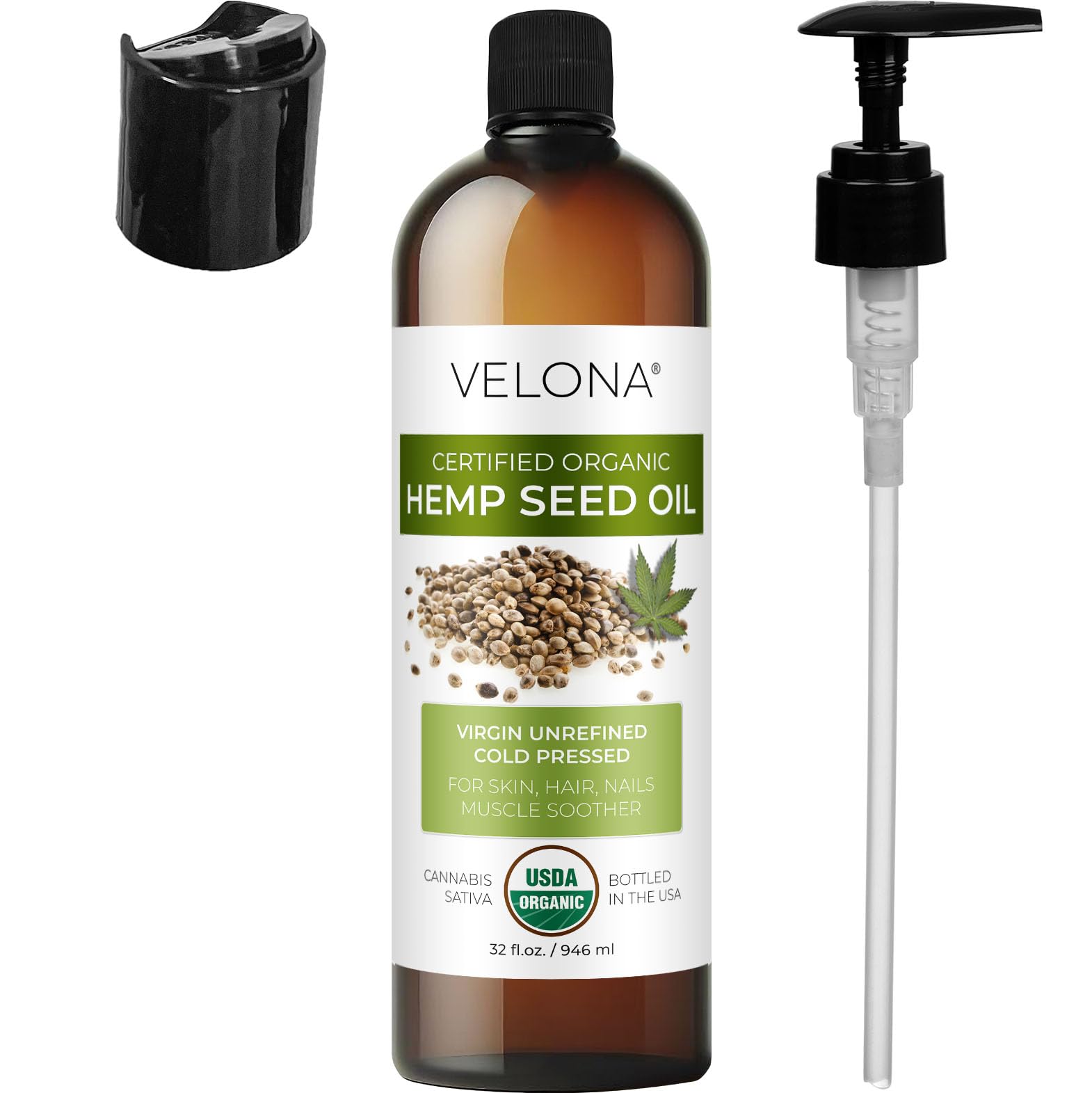 velona Hemp Seed Oil USDA Certified Organic - 32 fl oz | 100% Pure and Natural Carrier Oil | Unrefined, Cold Pressed | Hair, Body, Face & Skin Care