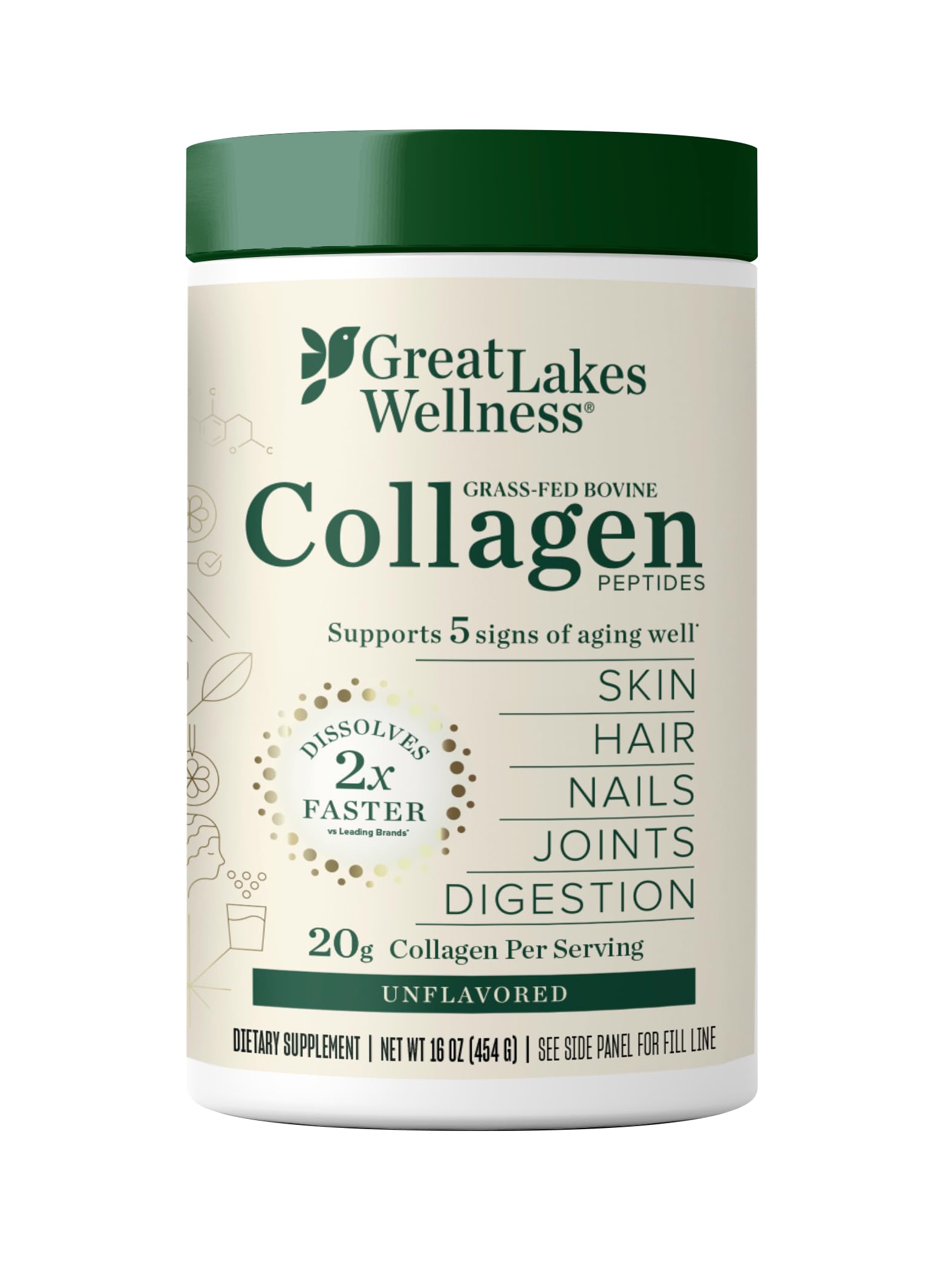 Great Lakes Wellness Collagen Peptides Powder for Skin, Hair, Nails, Joints & Digestion - Unflavored - Quick Dissolve Hydrolyzed, Non-GMO, Keto, Kosher - 16oz