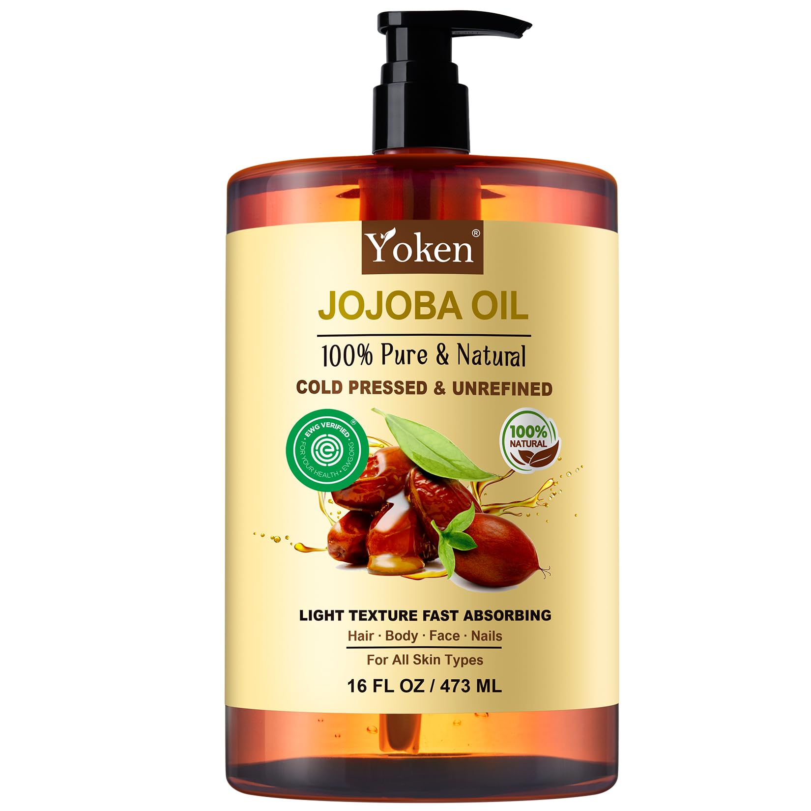 Yoken Pure Jojoba Oil EWG Verified 16 fl oz, 100% Natural Jojoba Oil for Hair, Skin & Face, Cold Pressed Unrefined, Deeply Moisturizing Body Oil Jojoba Carrier Oil for Essential Oils Mixing