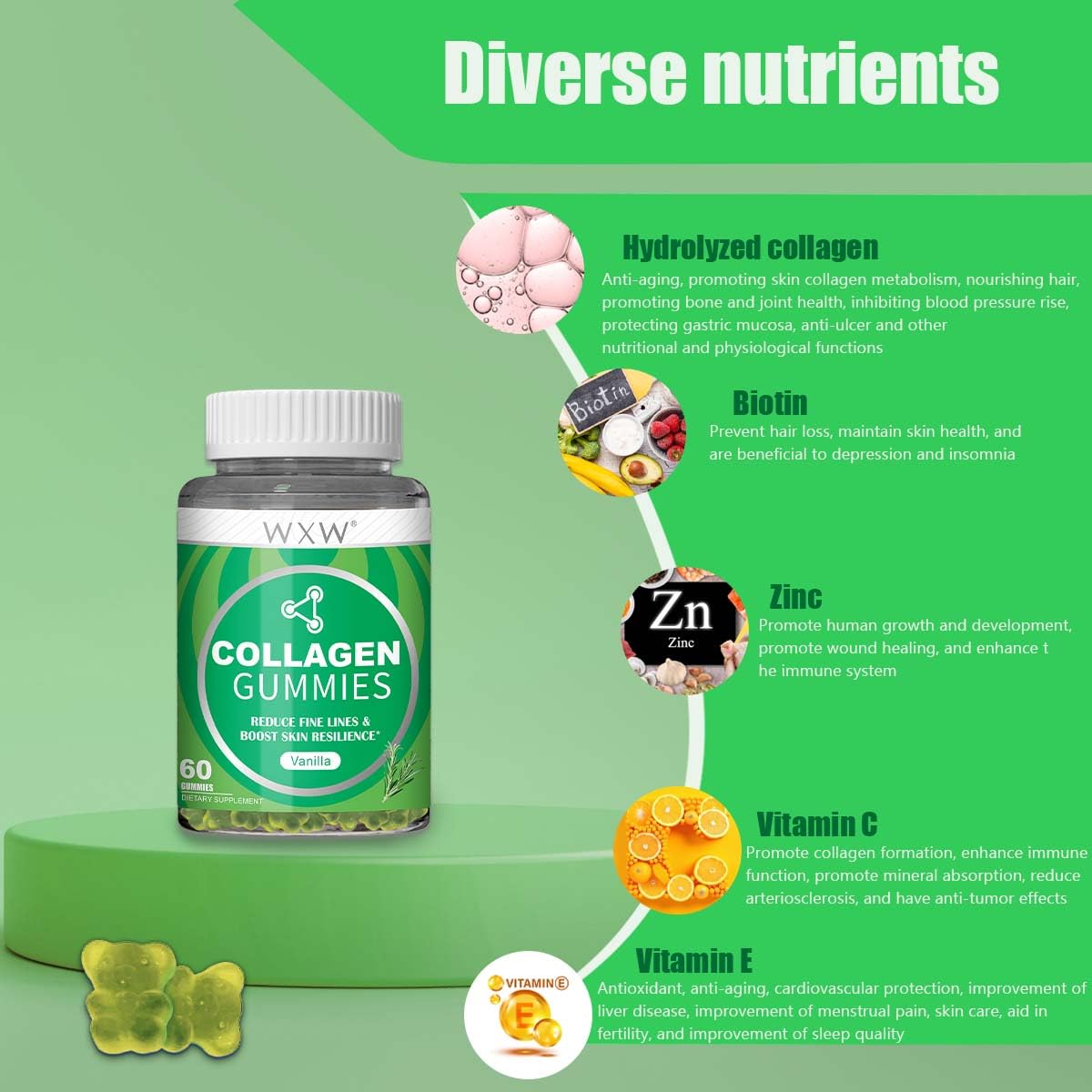 WXW Hydrolyzed Collagen Peptides Gummies for Women, Non-GMO Anti-Aging Formula with Biotin, Zinc, Vitamins C & E for Hair, Skin and Nails | 60ct,Vanilla Flavor