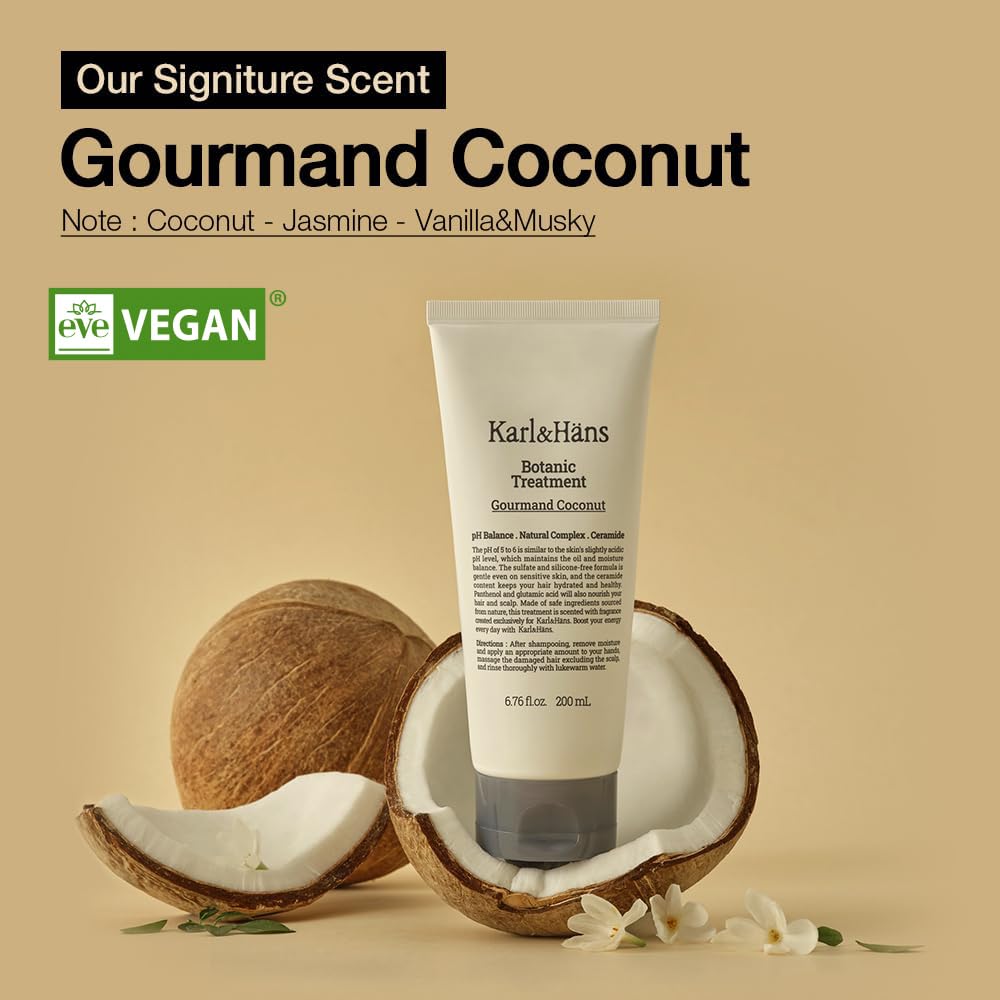 Karl&Hans Botanic Gourmand Coconut Vegan Shampoo Organic - Sulfate-Free, Moisturizing, Nourishing Shampoo with Coconut Oil&Natural Flower Extracts for Dry and Damaged Hair and Scalp Repair, 13.2 fl oz