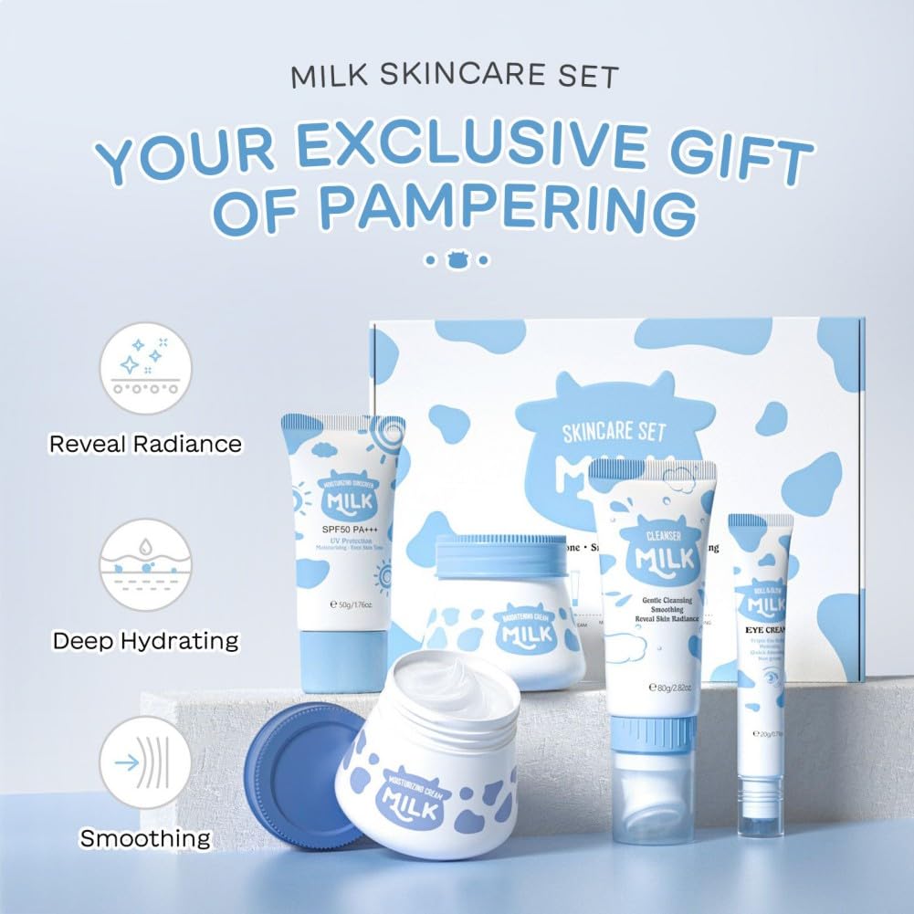Milk Skincare Set for Women & Girls, Moisturizing Skin Care Set, 5-In-1 Facial Skin Care Sets & Kits with Cream, Cleanser, Eye Cream, Moisturizer, Sunscreen, Travel Size Skincare Kit, Gift for Mom