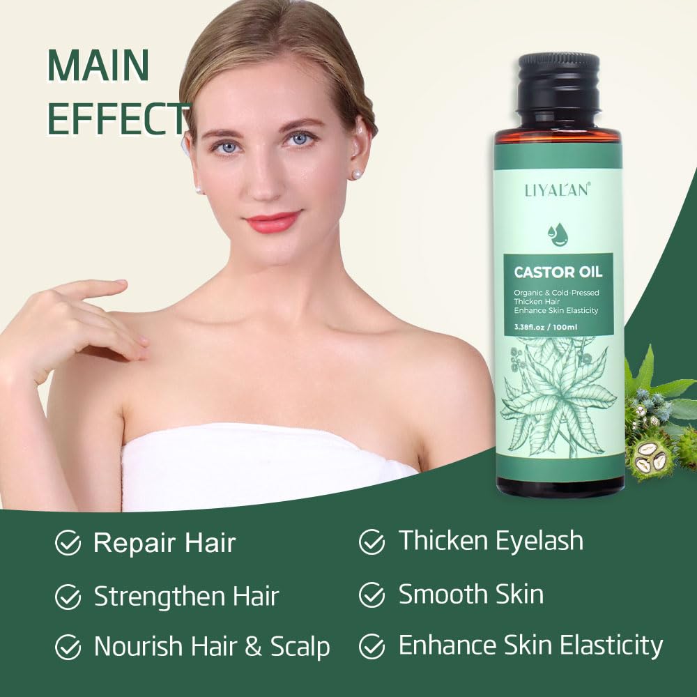 LIYALAN Natural Pure Castor oil Cold Pressed Unrefined for Hair repair,Face,Body Massage Carrier Oil Skin Care, for Damaged Hair,Nourish Hair Scalp Smooth Skin 3.38 fl.oz