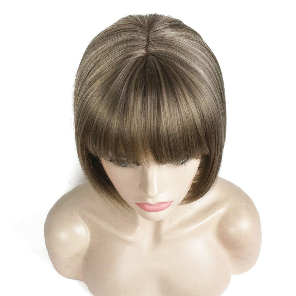Aimole Short Bob Straight Wig with Cute Flat Bangs Synthetic Hair with Skin Top