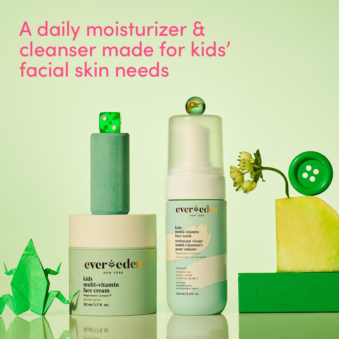 Evereden Kids Happy Face Duo (Melon Juice) - Multi-Vitamin Kids Face Wash & Kids Face Cream Set - Clean & Vegan Skin Care for Kids 3+ - Moisturizing, Nourishing, & Protective Kids Skin Care Set