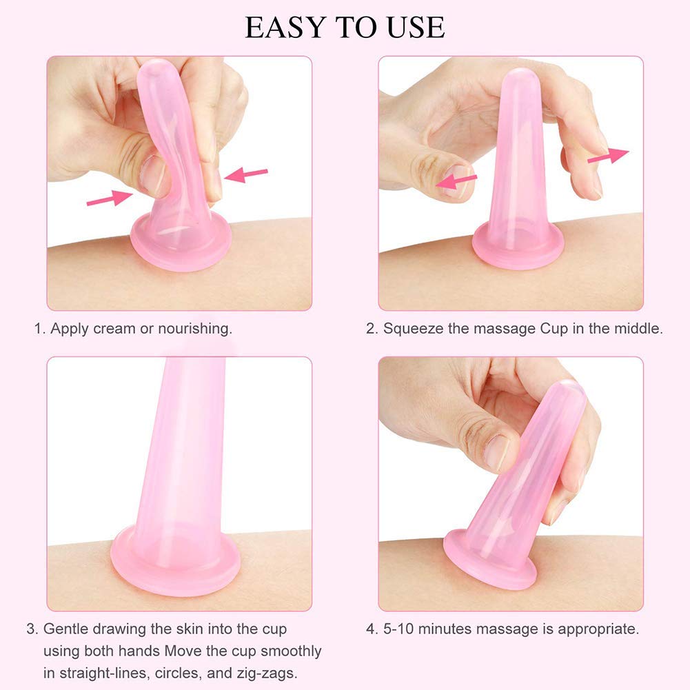 AKOAK 4Pcs/ Set (2 Large &2 Small) Natural Silicone Massage Cup, Suitable for Body, Face, Neck, Back, Eye Massage, Vacuum Tank, Perfect for Body and Facial Care, Anti-aging Beauty Tool (Pink)