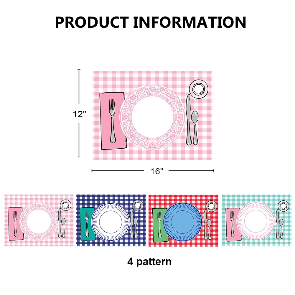 SharkBliss Montessori Placemat, Table Place Setting Etiquette Educational Placemat Set of 4 Buffalo Plaid Gingham Montessori Placemat Toddler Kid Child Baby Preschool Homeschool Dining Table Manners