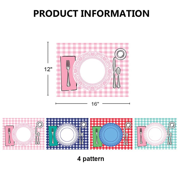SharkBliss Montessori Placemat, Table Place Setting Etiquette Educational Placemat Set of 4 Buffalo Plaid Gingham Montessori Placemat Toddler Kid Child Baby Preschool Homeschool Dining Table Manners