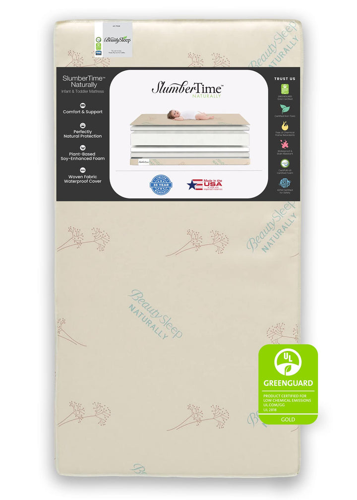 Simmons Kids SlumberTime Naturally 2-Stage Premium Plant-Based Soy Foam Baby Crib Mattress & Toddler Mattress - Waterproof - GREENGUARD Gold & CertiPUR-US Certified - Ideal Firmness - Made in USA
