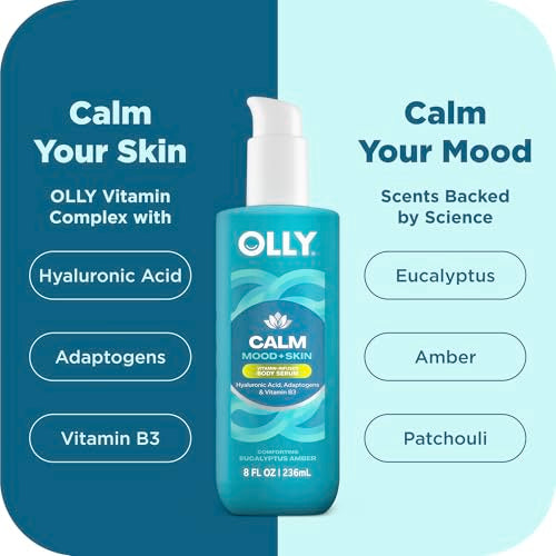 OLLY Calm Body Lotion-Serum with Hyaluronic Acid, Adaptogens & Vitamin B3– Nourishing Cleanser for Skin Barrier Repair, Deep Hydration, Eucalyptus Amber Scent, 8oz