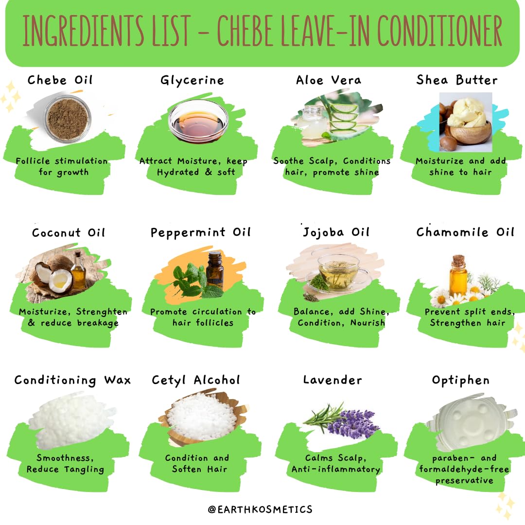 earth Kosmetics Chebe Moisturizing Leave-In Conditioner – Hydrate, Strengthen & Nourish with Chebe Oil, Shea Butter, Coconut Oil & Other Potent Herbs and Oils for Moisture, Growth & Frizz Control