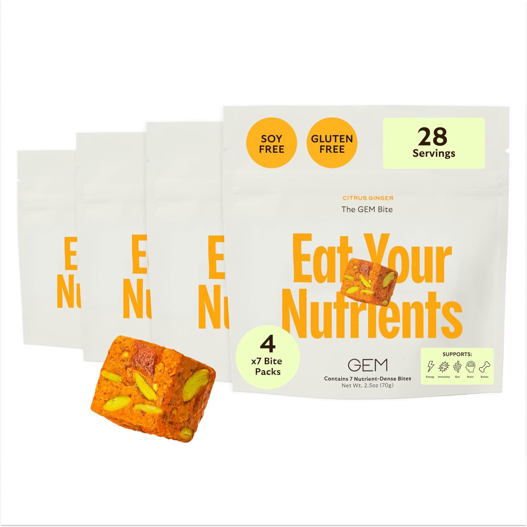 GEM Daily Multivitamin for Women & Men, Supports Gut, Skin, Brain, Bone, & Immunity, with Folic Acid, Vitamin D, zinc, Vitamin B, K, Folate, 20+ Vitamins & Minerals (Citrus Ginger, 28 Servings)