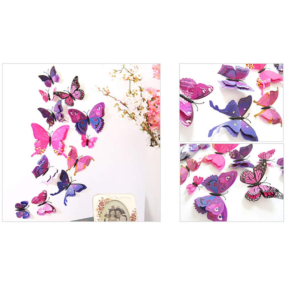 JYPHM 24PCS 3D Butterfly Wall Decal Double Wings Removable Refrigerator Magnets Stickers Decor for Kids Room Decoration Home and Bedroom Art Mural Purple