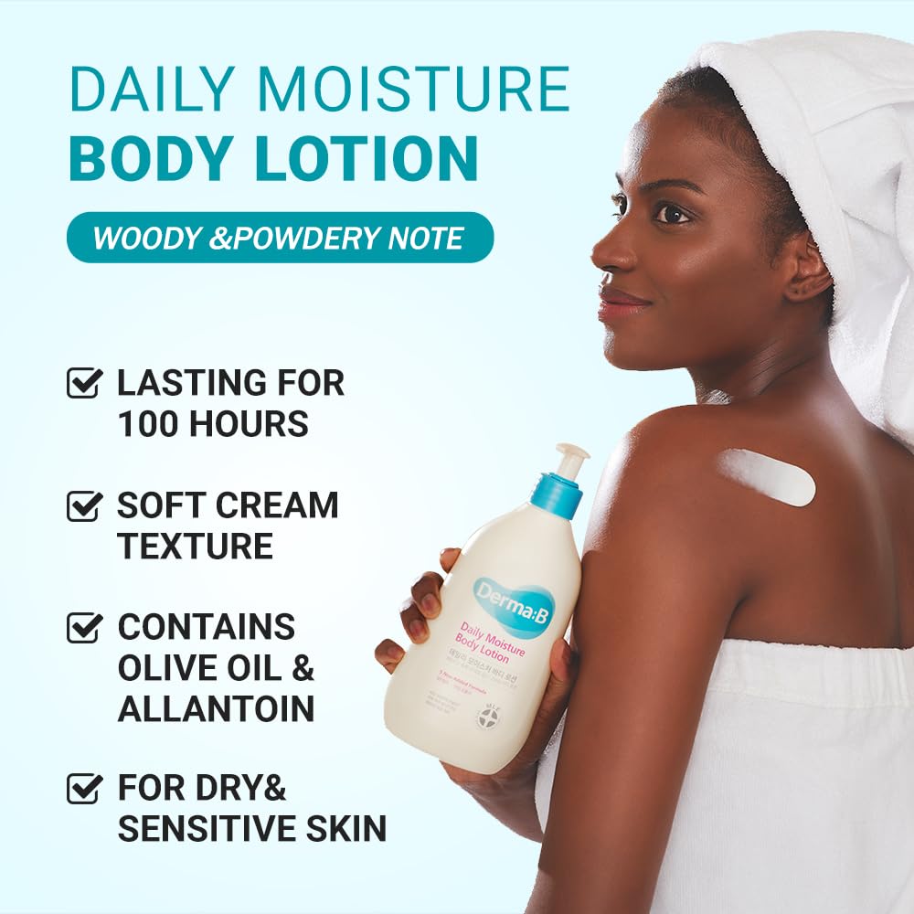 DERMA B | Daily Moisture Body Lotion | Body Cream for Dry Skin | Long-Lasting Body Moisturizer for Sensitive Skin | Woody & Powdery Scented | Skincare with Panthenol, Shea Butter | 13.5 fl oz (400ml)