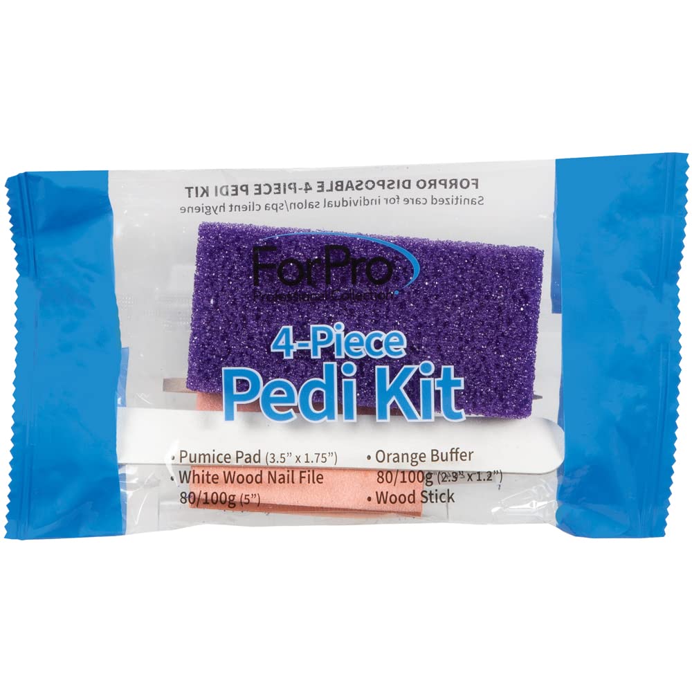 ForPro Basics 4-Piece Pedicure Kit, Purple Pumice Pad, White Wood Nail File 100/180 Grit, Orange Mini Buffer 100/180 Grit, Wood Stick, Individually-Packed, 200-Count