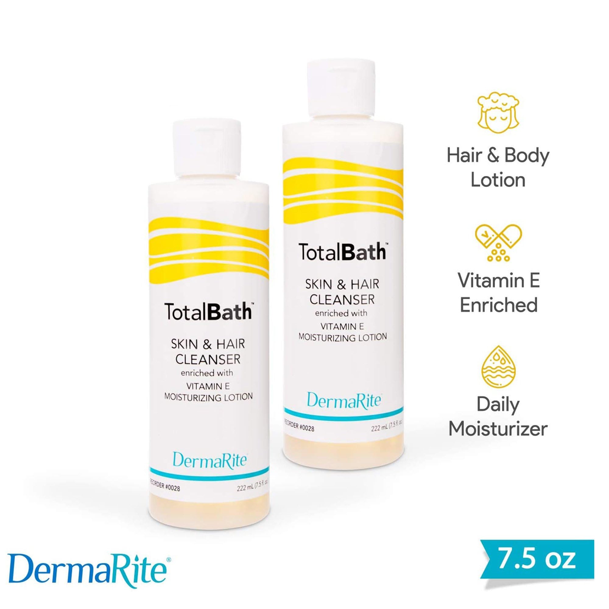 TotalBath Skin and Hair Cleanser - 2 Pack, 7.5 Oz - Full Body Shampoo and Body Wash Moisturizing Lotion - Enriched with Vitamin E - Ideal for Sensitive Skin, Rinse Free