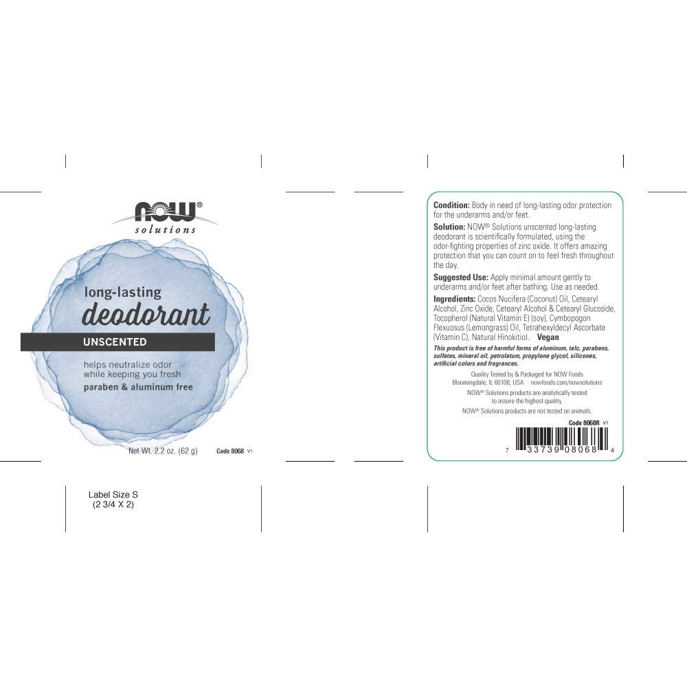 NOW Solutions, Long Lasting Deodorant, Unscented, Paraben & Aluminum Free, 2.2-Ounce