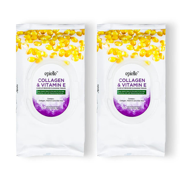 Epielle Collagen Infused Makeup Remover Cleansing Wipes | 60 Count, 2-Pack | Ideal for Beauty Gifts, Spa Days, Gift Sets | Korean Skincare