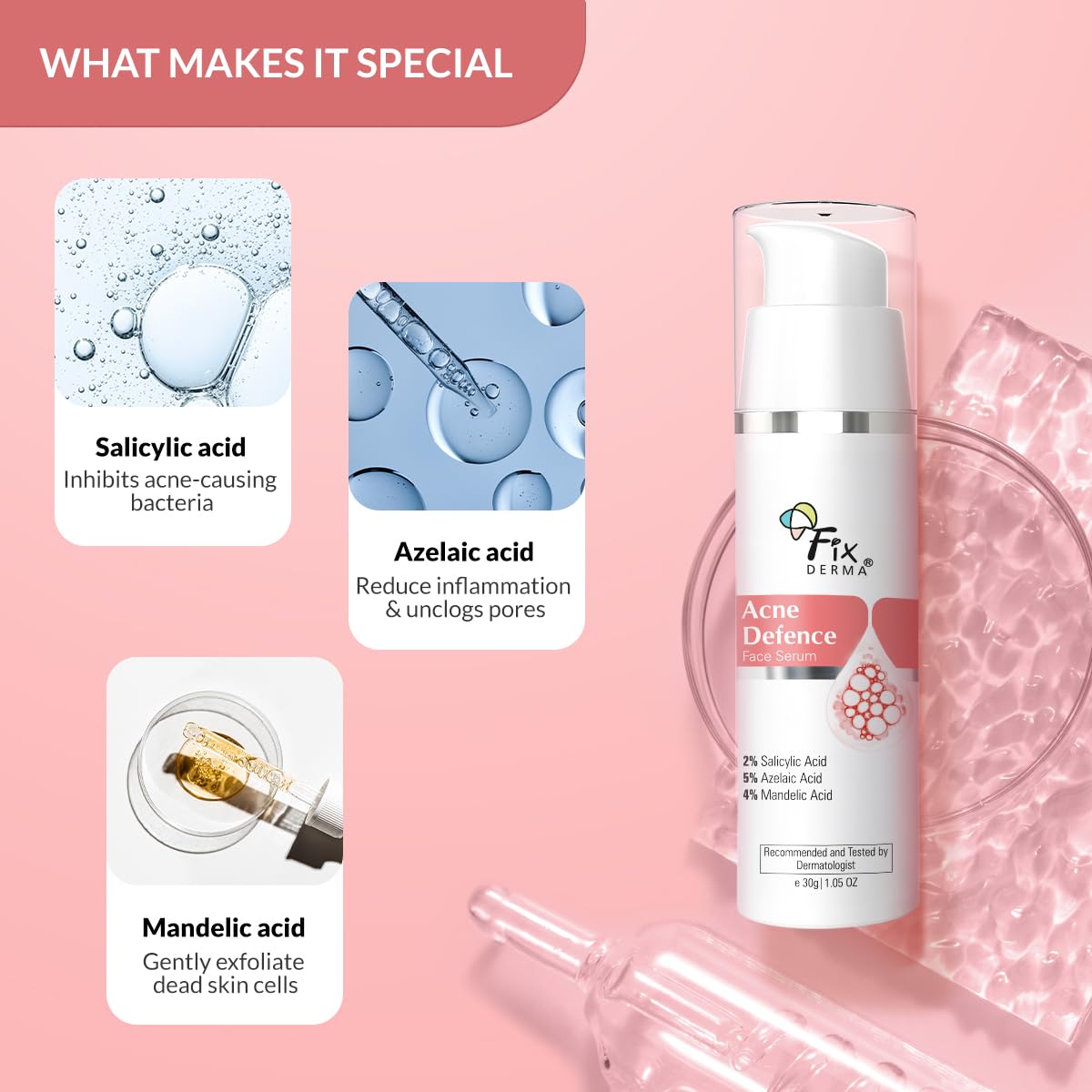 Fixderma 2% Salicylic Acid Serum for Anti Acne & Spot Treatment with 5% Azelaic Acid & 4% Mandelic Acid | Anti Acne Face Serum | Face Serum for Men & Women | Face Serum for Oily Skin - 30g