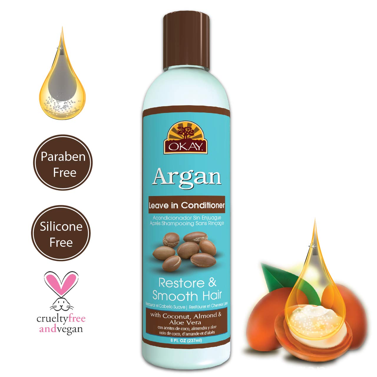 OKAY | Argan Leave In Conditioner | For All Hair Types & Textures | Restore, Hydrate & Smooth Hair | With Coconut, Almond, Aloe Vera | Free Of Parabens, Silicones, Sulfates | 8 Oz